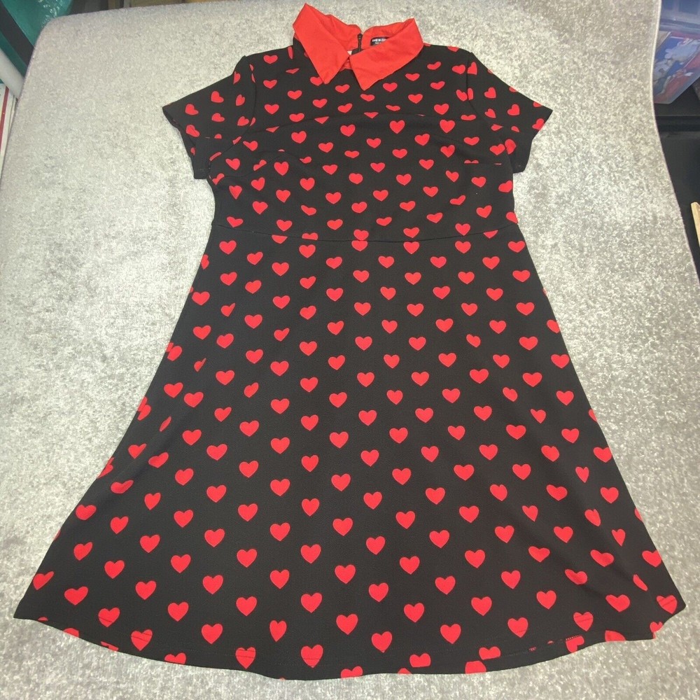 SHEIN Dress Plus Womens 2XL Black Red Allover Heart Print Contrast Collar ALine